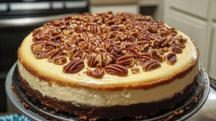 A sumptuous cheesecake adorned with pecans rests elegantly in a kitchen setting, showcasing its appealing texture and richness that entices any dessert lover.