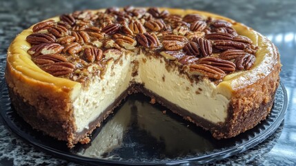 A luscious cheesecake, beautifully adorned with pecans and a cross-section showcasing its creamy interior, captures the essence of dessert perfection in a cozy kitchen.
