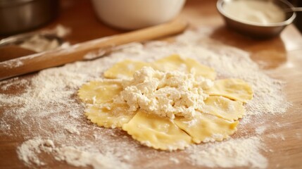 This image showcases homemade ravioli filled with creamy ricotta cheese, set against a backdrop of flour, highlighting the art of traditional pasta-making in a cozy kitchen.