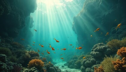 Many small orange fish swim among colorful coral reefs in clear blue ocean water. Sunlight rays pierce through surface, illuminating vibrant underwater life. Healthy marine ecosystem thrives on rocky