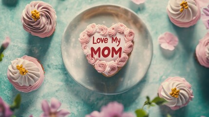 A beautifully decorated heart-shaped cake with the words 'Love My Mom' surrounding the pink icing, perfect for celebrating Mother's Day in a creative way.