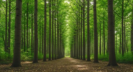 Obraz premium Path through a dense forest of tall green trees