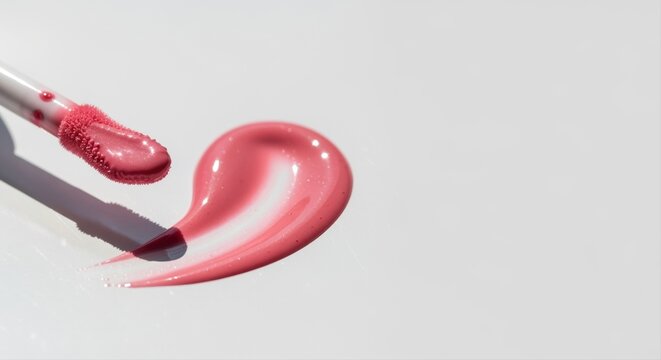 pink lip gloss smear with applicator on white background highlighting beauty and cosmetics - Powered by Adobe