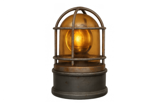Vintage industrial warning lamp with amber light bulb in a metal cage offering a rustic and old safety beacon