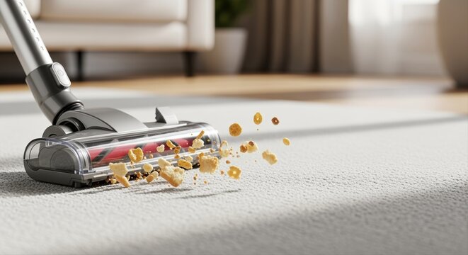 vacuum cleaner picking up cereal on a light carpet in a bright living room, cleaning concept