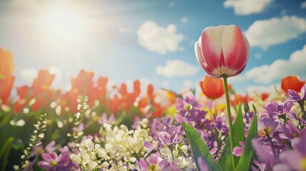 A picturesque field adorned with vivid flowers under a bright sky, showcasing nature's beauty and color diversity, inviting feelings of joy and tranquility.