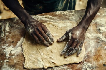A close-up photograph capturing skilled hands kneading dough on a rustic wooden surface, emphasizing the artistry and tactile connection in the baking process.