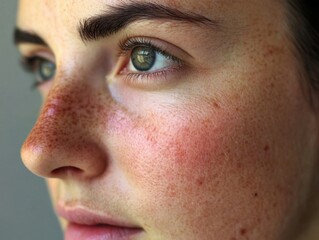 A close-up image of a woman’s face showcasing her natural skin texture with freckles, embodying authenticity and celebrating unique beauty through detailed photography.
