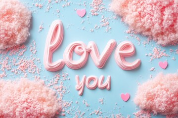 A creative arrangement of the words 'Love You' crafted from candy, surrounded by fluffy clouds and hearts, representing affection, sweetness, and celebration.