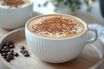 A beautifully presented cup of coffee topped with cocoa powder, accompanied by coffee beans, perfect for a relaxing moment or an energizing start to the day.