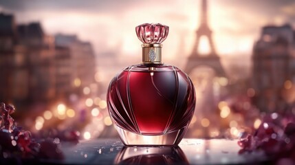 A stunning perfume bottle reflecting elegance and sophistication, set against a gorgeous Paris skyline, embodying luxury, beauty, and a timeless appeal.