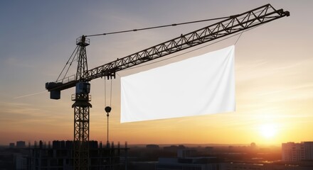 Tower crane at sunset with blank advertising banner over cityscape