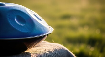 blue handpan resting on grassy meadow at sunset creating a serene and peaceful ambiance