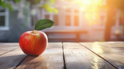 A vibrant red apple is placed on a rustic wooden table, beautifully illuminated by natural light, symbolizing freshness and healthy living.