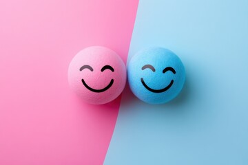 Two vibrant smiley balls in pink and blue sit side by side, representing joy and positivity against a colorful background that enhances their cheerful expressions.