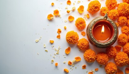 Close up photo shows marigold flowers brass diya with burning candle flame. Indian festival decor includes orange blossoms petals. Top view flat lay art for celebration.