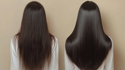A striking comparison of two hairstyles side by side, showcasing one with natural length and the other with a sleek, shiny finish, emphasizing hair health and beauty.
