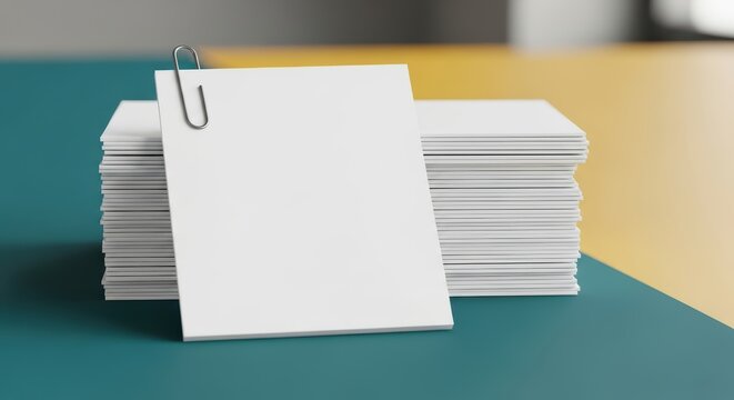Stack of white blank paper sheets with paperclip on colorful desk