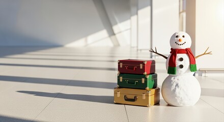 cheerful snowman with luggage in sunny modern airport terminal during winter holidays