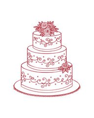 Elegant three tier wedding cake with roses and swirls. Sketch