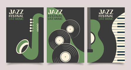 Jazz festival live music retro posters collection. Set of music posters cover album. Illustration, banners for music events, invitation.