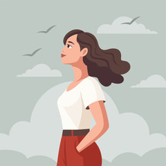 Optimistic woman looking up in a sky with hope. Hope, mental health concept. Illustration.