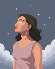 Young woman looking up in a sky with stars. Hope, mental health, clarity concept. Illustration.