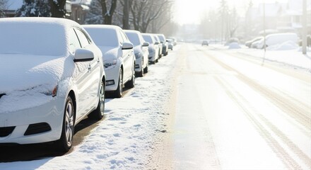 snow-covered cars parked in a row along a sunlit winter street after fresh snowfall