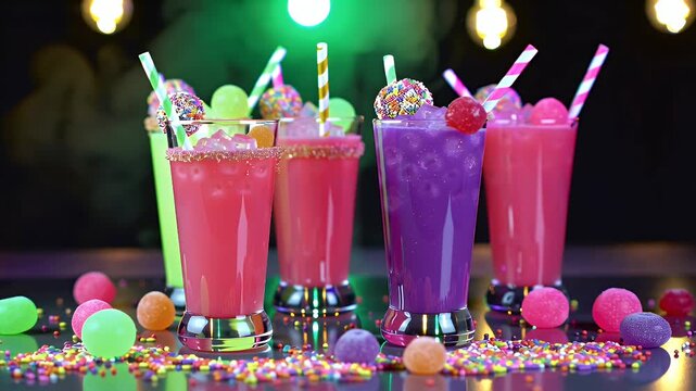 Vibrant Rainbow Assortment of Fruity Party Drinks in Colorful Glasses with Sprinkles and Candies