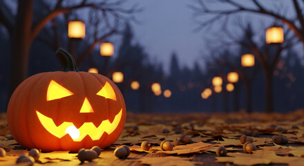 Illuminated carved pumpkin on foliage, creating a spooky autumnal scene, symbolizing Halloween tradition, celebration, and the fall season aesthetic