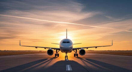 Obraz premium Passenger airplane on runway during sunrise with dramatic sky