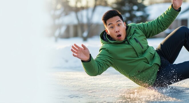 young man in green jacket slipping on icy surface during winter day with surprised expression