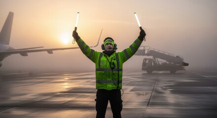 Airport ground crew guiding airplane at dawn with signal wands in foggy weather