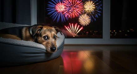 anxious dog lying on bed indoors during colorful fireworks display at night