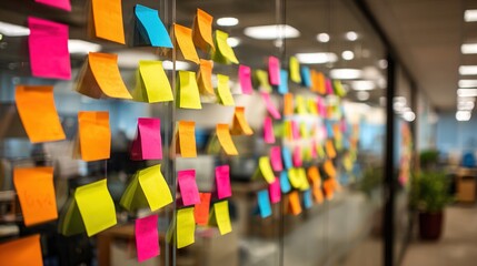 Blurred Office Glass Wall with Colorful Sticky Notes Brainstorming Session. High quality