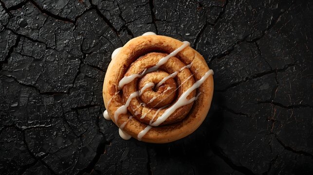 Warm cinnamon roll with sweet icing showcased on a textured dark stone background, highlighting rich baked detail and inviting dessert atmosphere for food styling, menu design, and culinary branding