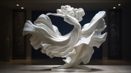 A white sculpture of a woman in a flowing dress. The sculpture is made of white material and is placed on a pedestal. The sculpture conveys a sense of grace and elegance