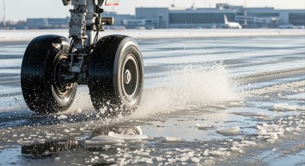 airplane landing gear splashing water on wet tarmac during rainy day at airport