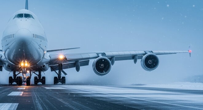 commercial airplane taxiing on runway during snowy day with overcast sky