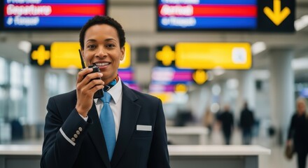 African male airport staff using handheld radio in terminal