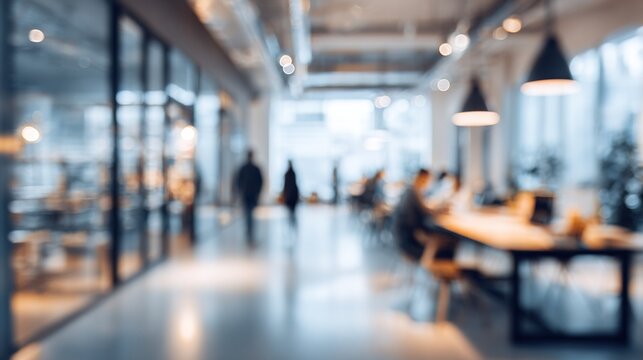 blurred office interior space with people working and meeting business collaboration concept abstract background soft focus photography. High quality
