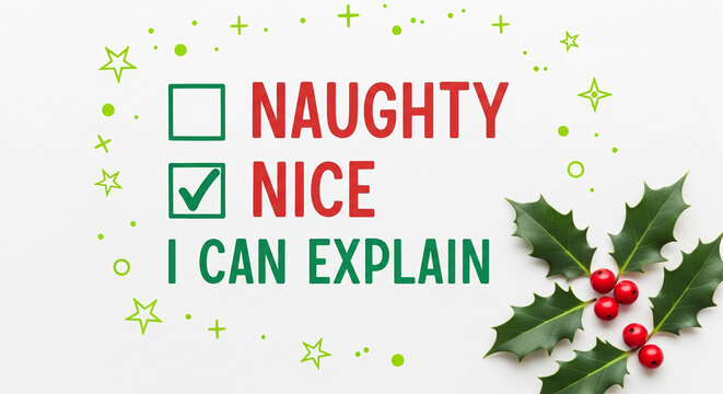 Image with "naughty" and "nice" text, checkbox and tick, holly branch. Christmas theme representing behavior evaluation, holiday spirit, festive mood