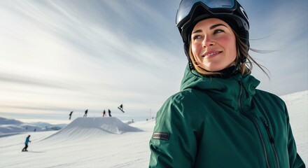 young woman enjoying snowboarding day on sunny mountain with friends in winter gear
