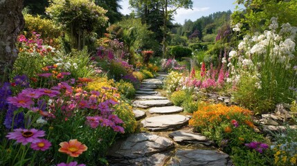 Obraz premium A picturesque garden path made of stone leads through colorful flowers in full bloom. Tall greenery and vibrant blossoms create a serene and inviting atmosphere perfect for leisurely strolls.