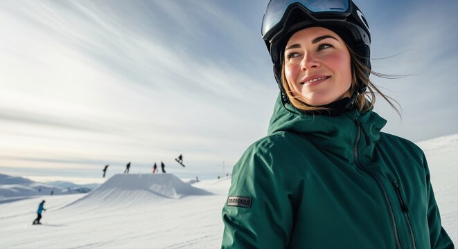 young woman enjoying snowboarding day on sunny mountain with friends in winter gear - Powered by Adobe
