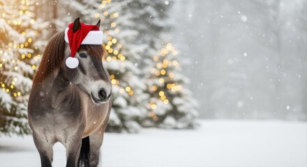 cute pony wearing santa hat in snowy christmas forest with twinkling lights