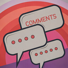 Stacked comment bubbles in white with red dots and &ldquo;COMMENTS&rdquo; text, layered on curved red and pink background, stylized communication and message interface illustration.
