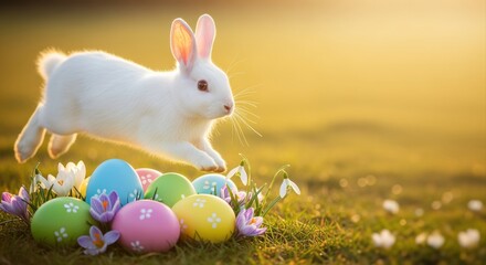 white rabbit leaping over colorful easter eggs on a spring meadow at sunrise