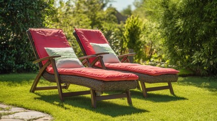 Two comfortable lounge chairs with red cushions are positioned on lush green grass surrounded by vibrant plants under the warm sun. A perfect spot for relaxation.