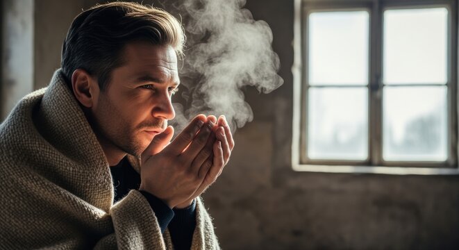 thoughtful man wrapped in blanket warming hands near window on a chilly morning